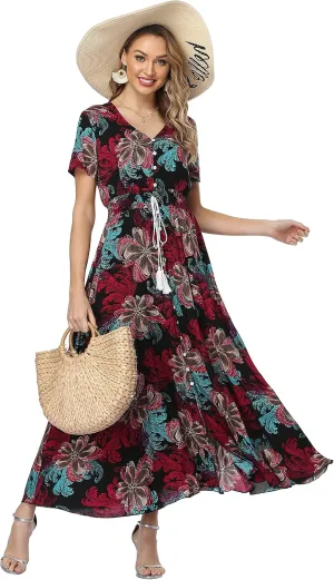 Women's Floral Maxi Dresses Casual Long Summer Boho Beach Dress Short Sleeve Button Up Split Party Dress