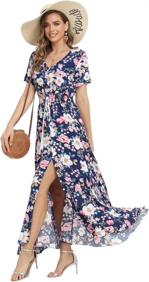 Women's Floral Maxi Dresses Casual Long Summer Boho Beach Dress Short Sleeve Button Up Split Party Dress