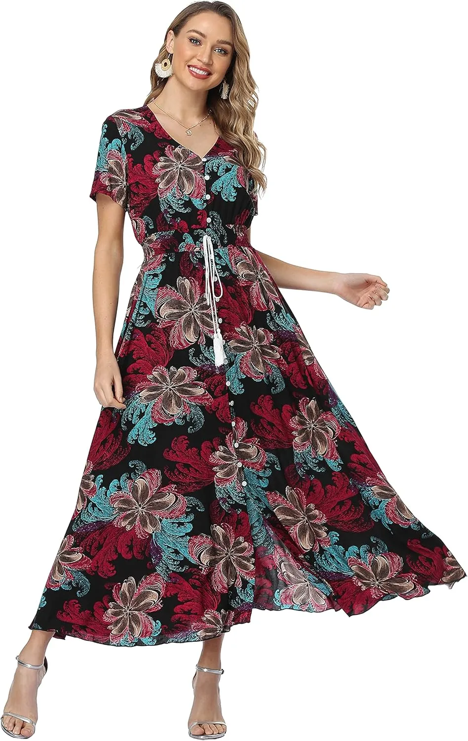 Women's Floral Maxi Dresses Casual Long Summer Boho Beach Dress Short Sleeve Button Up Split Party Dress