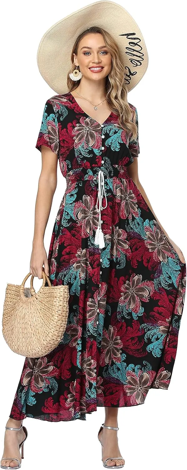 Women's Floral Maxi Dresses Casual Long Summer Boho Beach Dress Short Sleeve Button Up Split Party Dress