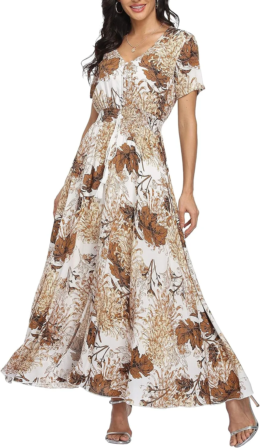 Women's Floral Maxi Dresses Casual Long Summer Boho Beach Dress Short Sleeve Button Up Split Party Dress