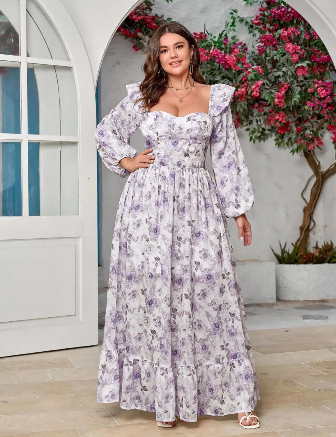 Women's Floral Puff Long Sleeve Maxi Dress Sexy Sweetheart Corset Boho Chiffon Flowy Smocked Long Dresses
