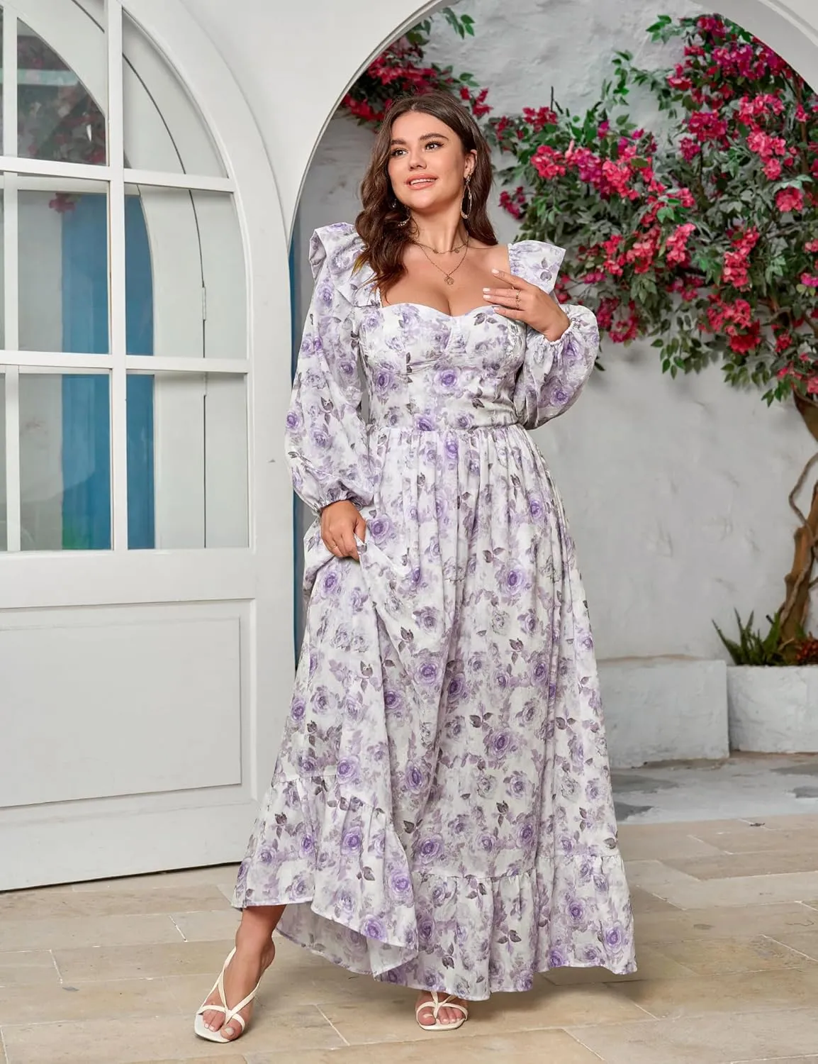 Women's Floral Puff Long Sleeve Maxi Dress Sexy Sweetheart Corset Boho Chiffon Flowy Smocked Long Dresses