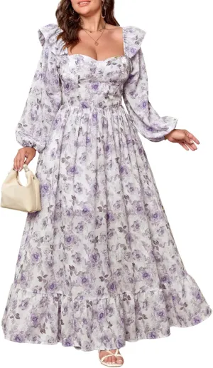 Women's Floral Puff Long Sleeve Maxi Dress Sexy Sweetheart Corset Boho Chiffon Flowy Smocked Long Dresses