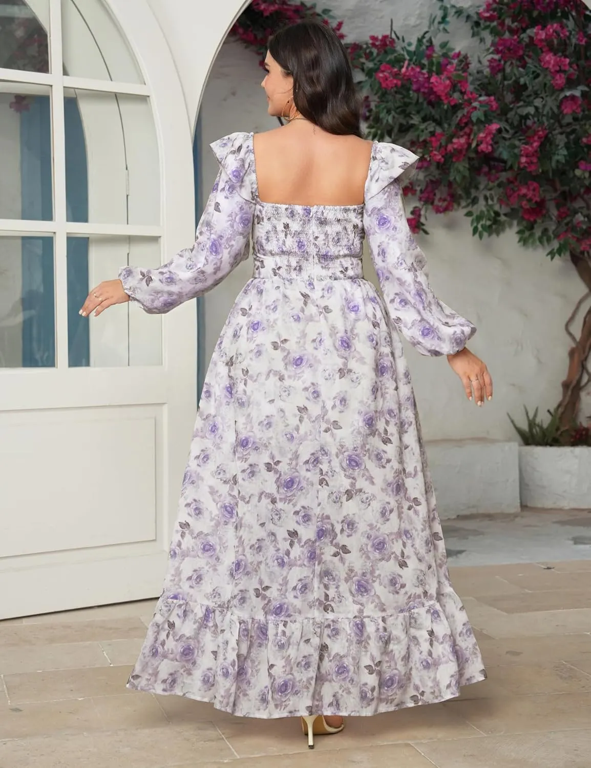 Women's Floral Puff Long Sleeve Maxi Dress Sexy Sweetheart Corset Boho Chiffon Flowy Smocked Long Dresses