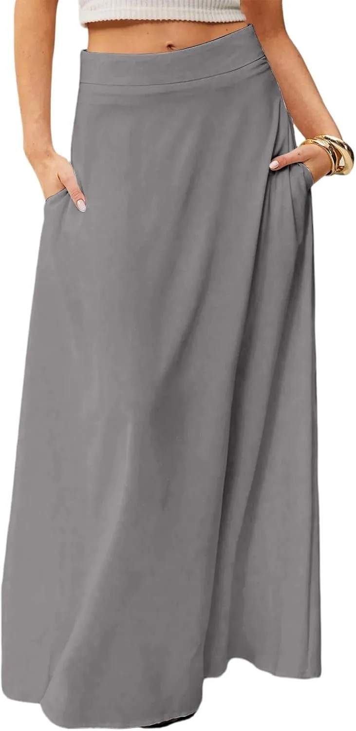 Womens Flowy A Line Skirt Boho Elastic High Waisted Long Maxi Skirts for Women Trendy Summer Basicwith Pockets