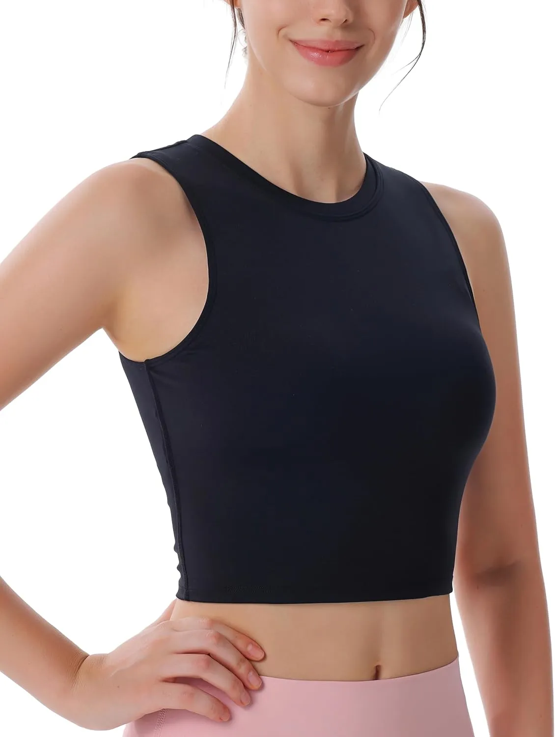 Women's High Neck Sleeveless Workout Cropped Tank Tops with Built-in Padded Bra Sports Yoga Gym Athletic Shirts