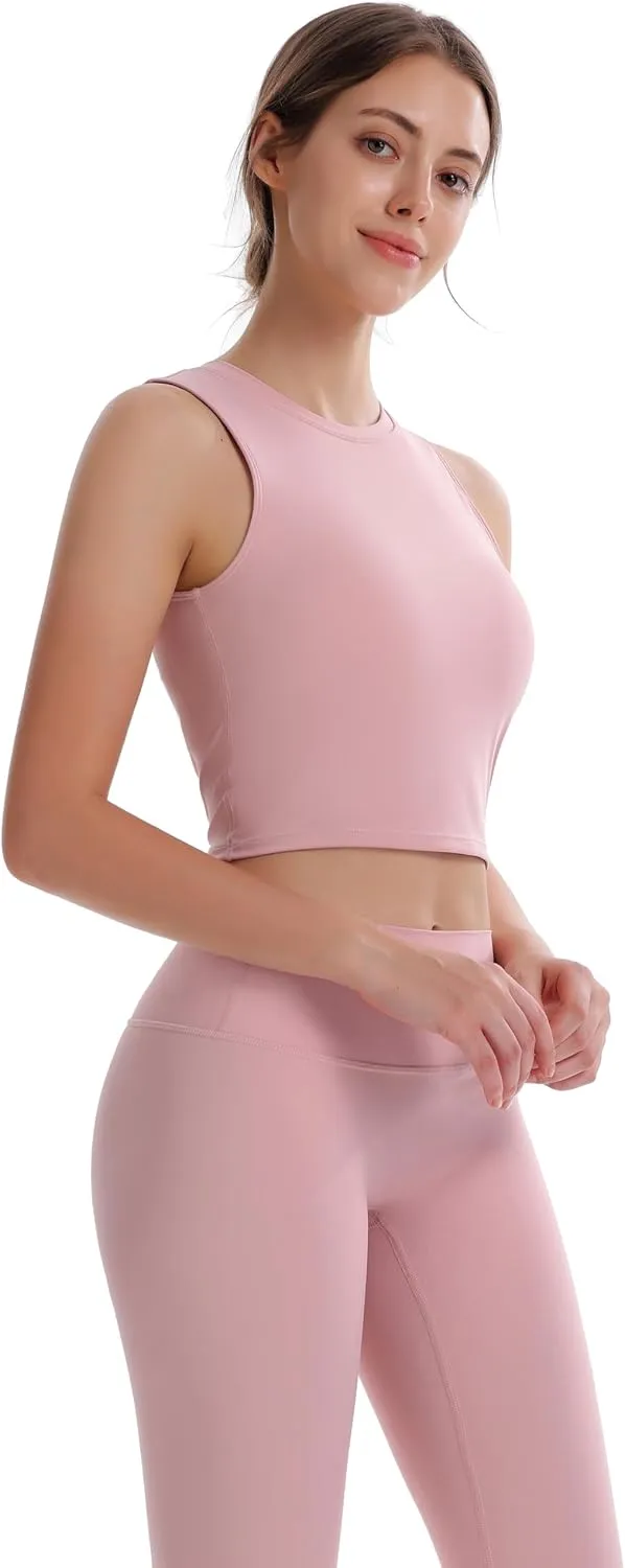 Women's High Neck Sleeveless Workout Cropped Tank Tops with Built-in Padded Bra Sports Yoga Gym Athletic Shirts
