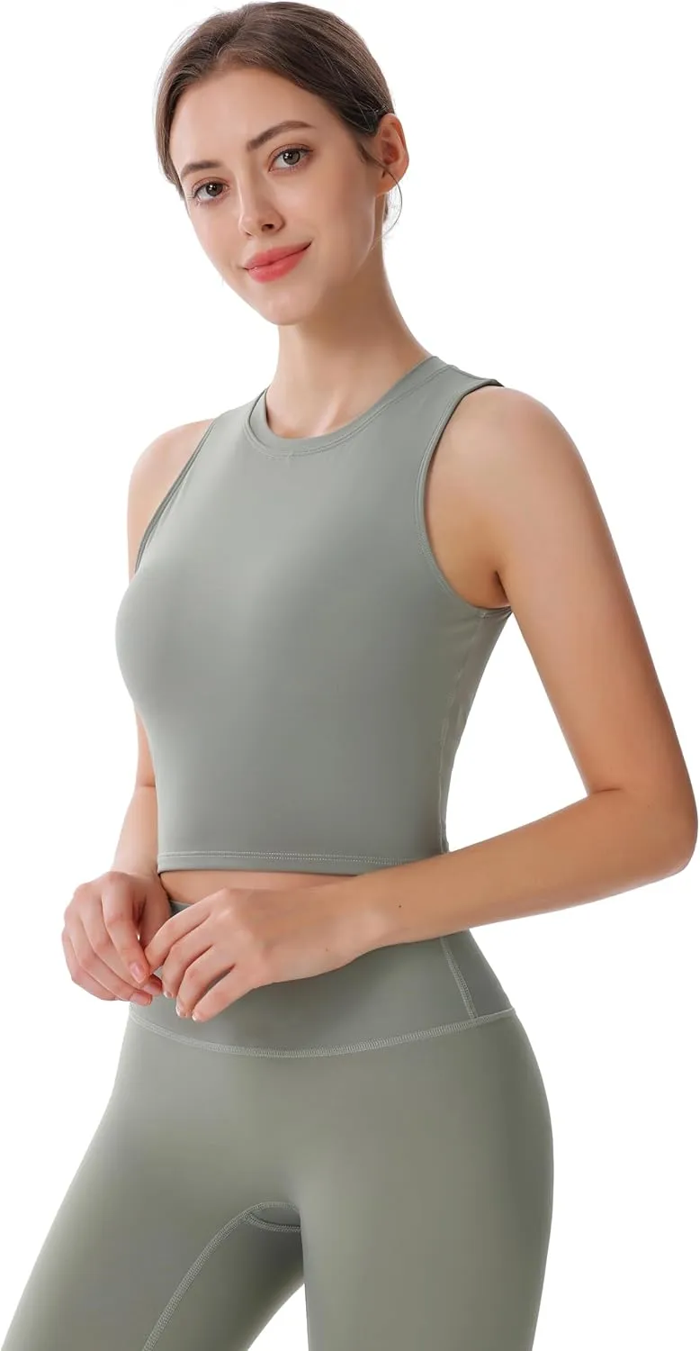 Women's High Neck Sleeveless Workout Cropped Tank Tops with Built-in Padded Bra Sports Yoga Gym Athletic Shirts