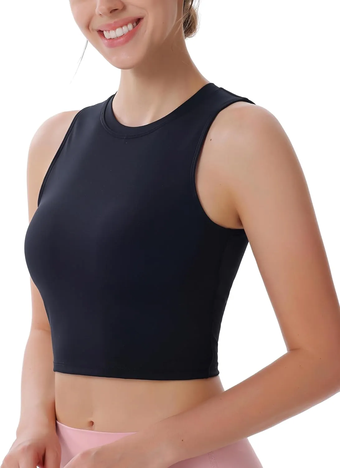 Women's High Neck Sleeveless Workout Cropped Tank Tops with Built-in Padded Bra Sports Yoga Gym Athletic Shirts