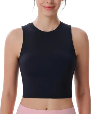 Women's High Neck Sleeveless Workout Cropped Tank Tops with Built-in Padded Bra Sports Yoga Gym Athletic Shirts