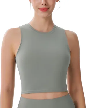 Women's High Neck Sleeveless Workout Cropped Tank Tops with Built-in Padded Bra Sports Yoga Gym Athletic Shirts