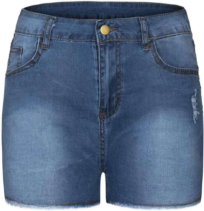 Womens High Waisted Denim Shorts Stretchy Summer Ripped Distressed Jean Shorts Casual Trendy Frayed Raw Hem Shorts