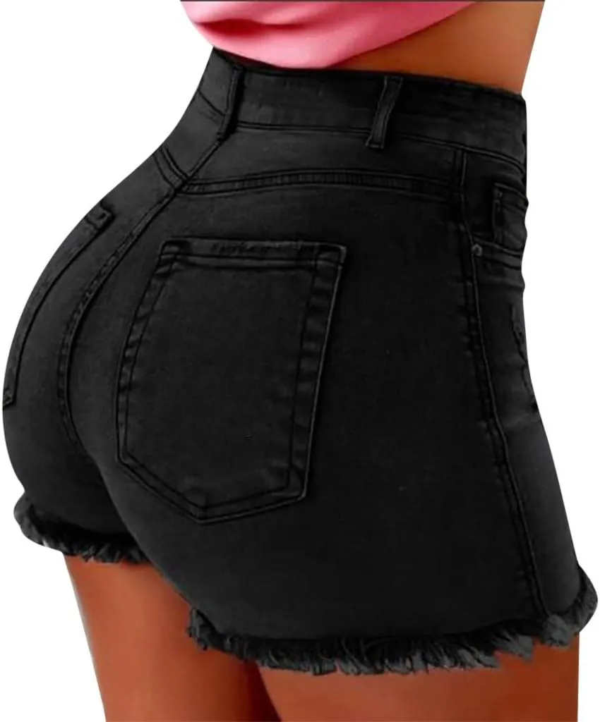 Womens High Waisted Denim Shorts Stretchy Summer Ripped Distressed Jean Shorts Casual Trendy Frayed Raw Hem Shorts