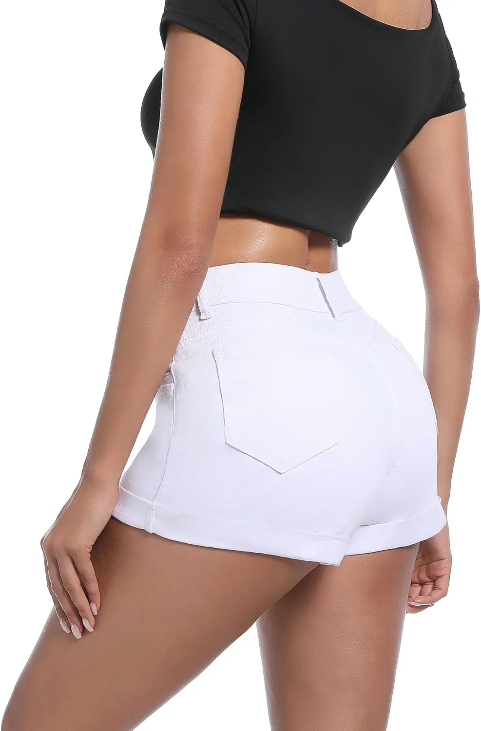 Women's High Waisted Stretchy Denim Shorts Cuffed Jean Shorts