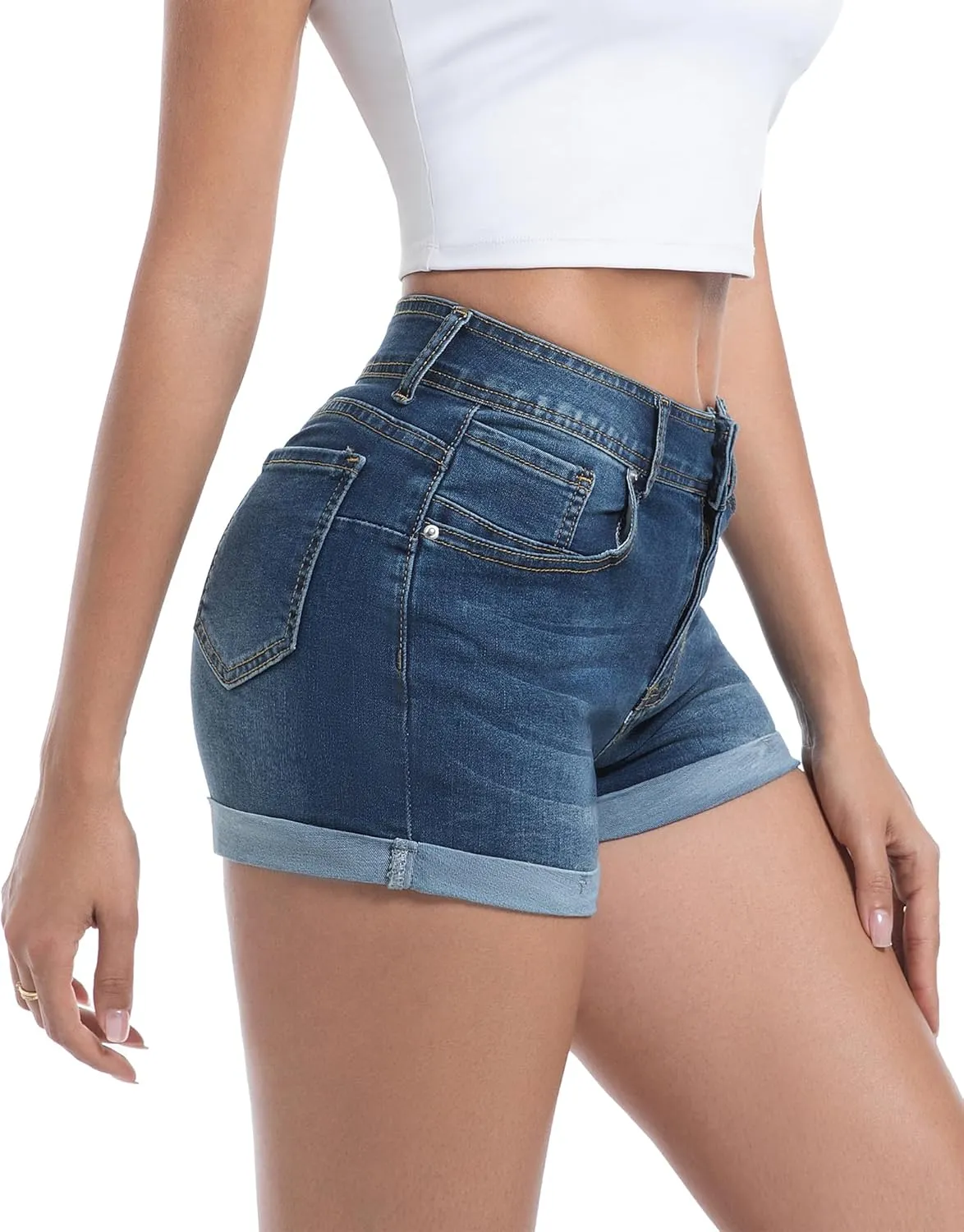 Women's High Waisted Stretchy Denim Shorts Cuffed Jean Shorts