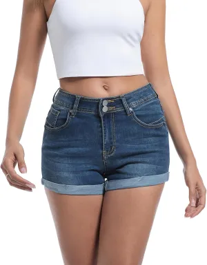 Women's High Waisted Stretchy Denim Shorts Cuffed Jean Shorts