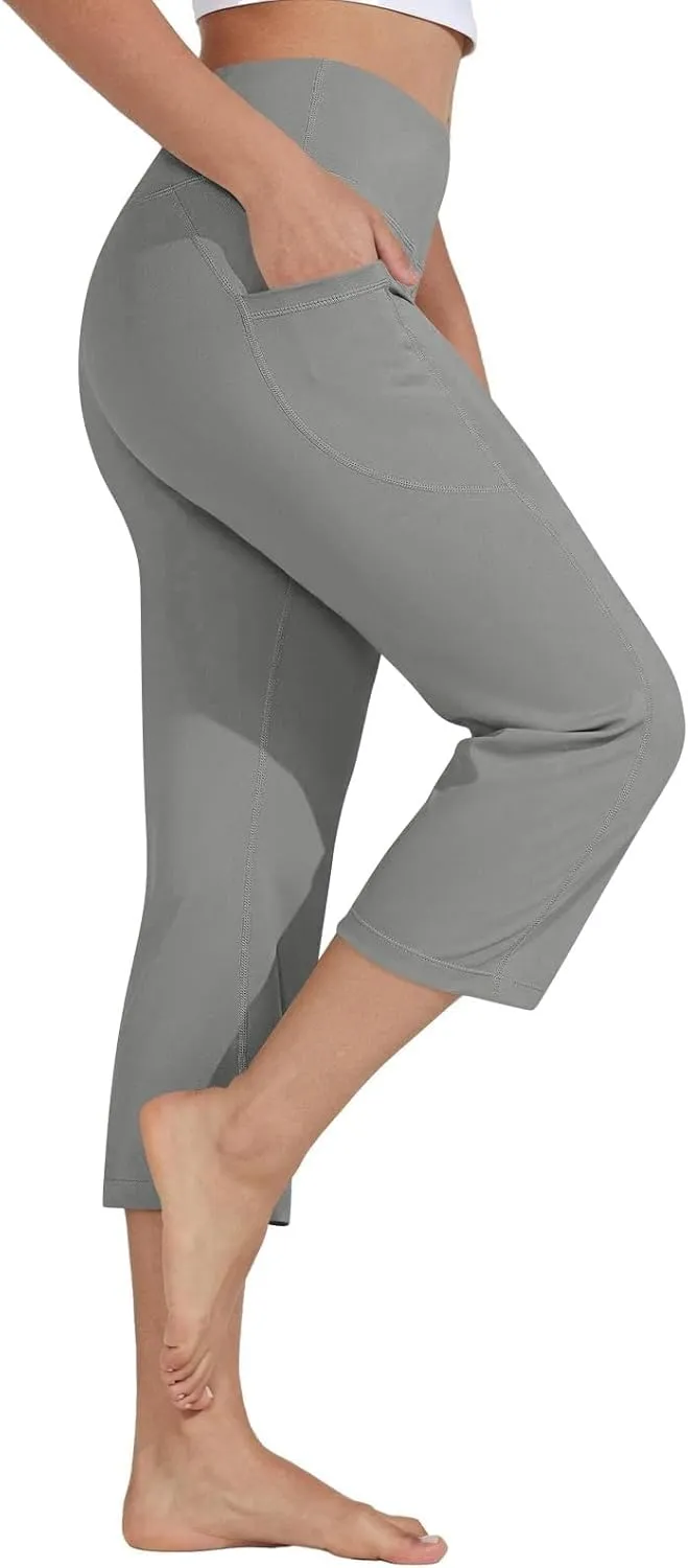 Women's Knee Length Leggings Yoga Capris High Waist Tummy Control Running Athletic Gym Biker Shorts with Pockets