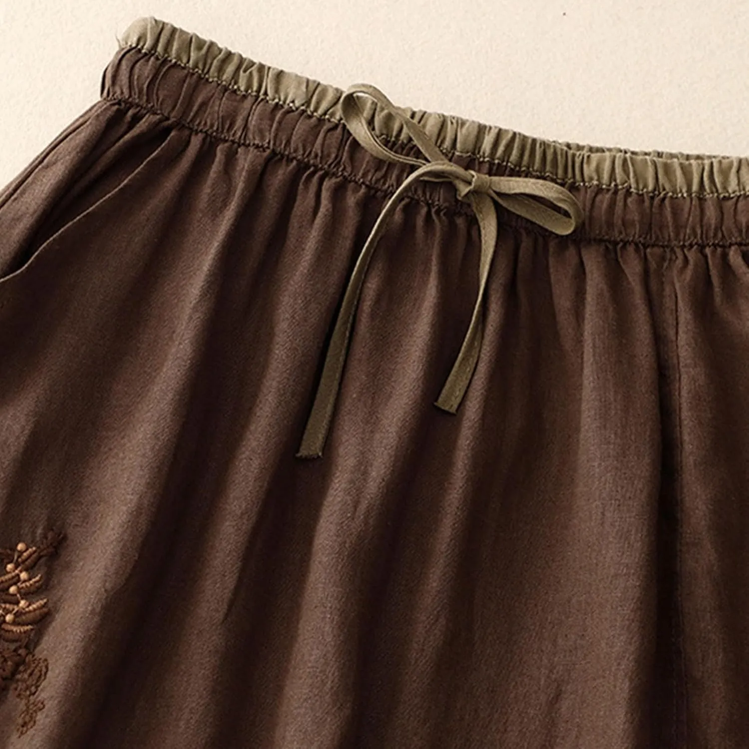 Womens Linen Cotton Skirts Drawstring Elastic Waist Comfy Loose Boho Skirts with Pockets Lightweight Sumnmer Skirts