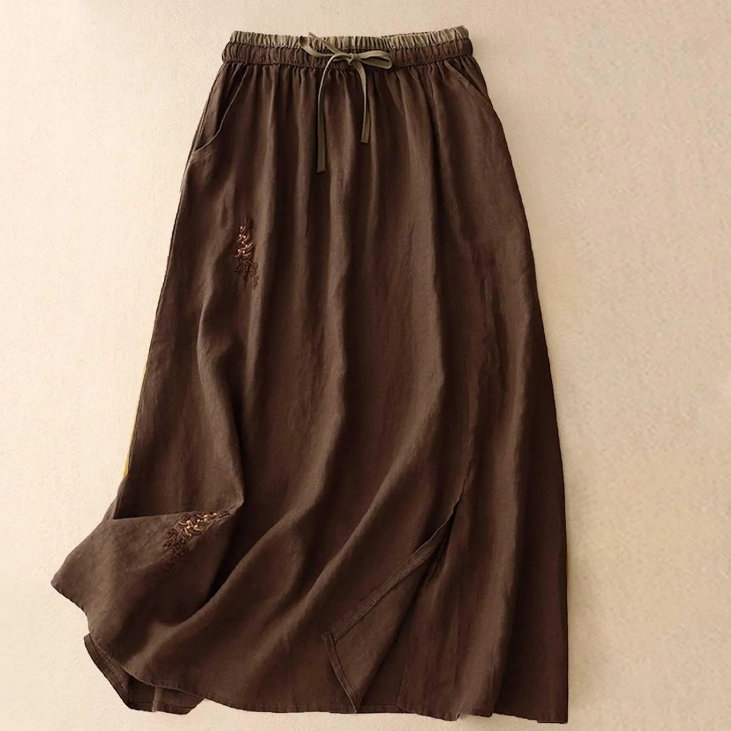 Womens Linen Cotton Skirts Drawstring Elastic Waist Comfy Loose Boho Skirts with Pockets Lightweight Sumnmer Skirts