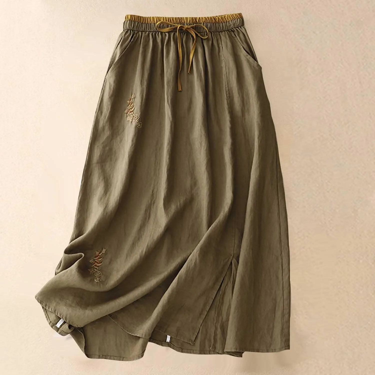 Womens Linen Cotton Skirts Drawstring Elastic Waist Comfy Loose Boho Skirts with Pockets Lightweight Sumnmer Skirts