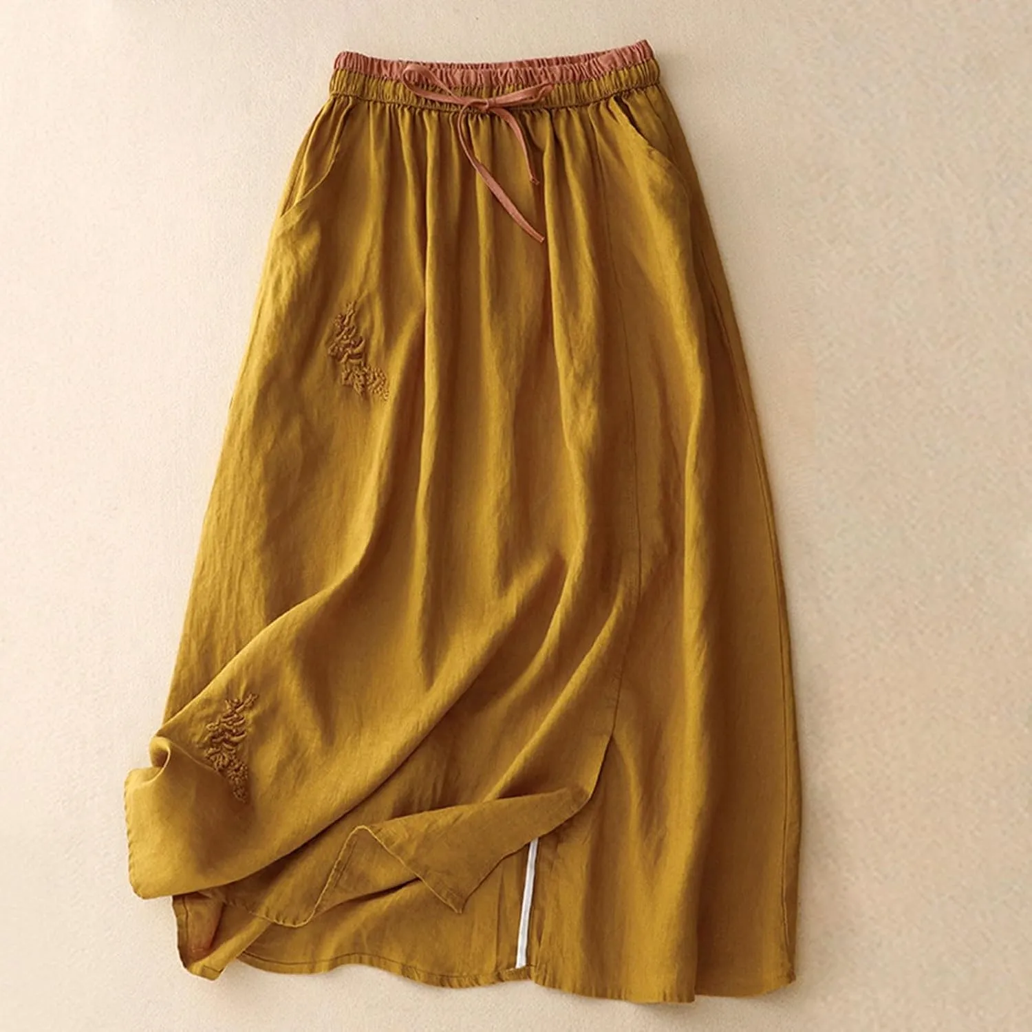 Womens Linen Cotton Skirts Drawstring Elastic Waist Comfy Loose Boho Skirts with Pockets Lightweight Sumnmer Skirts