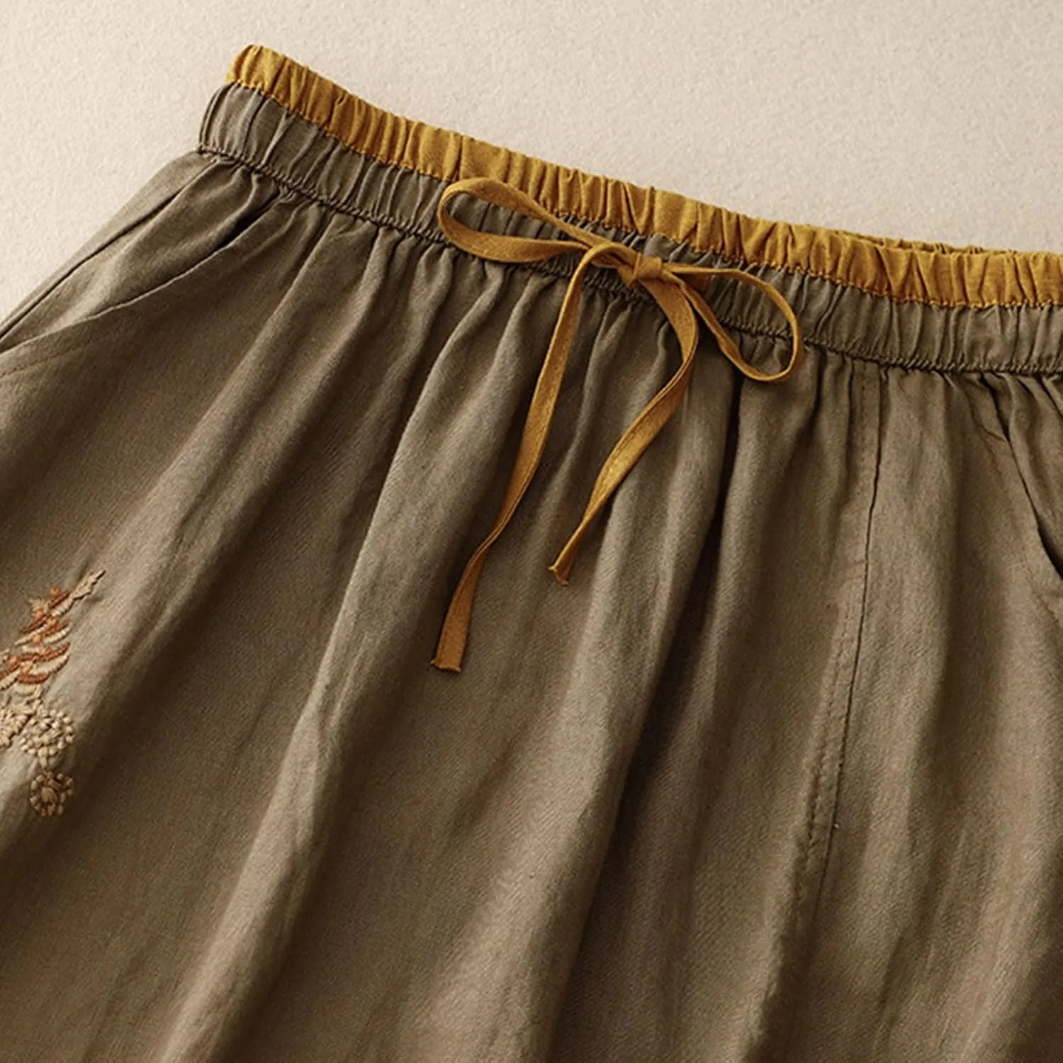 Womens Linen Cotton Skirts Drawstring Elastic Waist Comfy Loose Boho Skirts with Pockets Lightweight Sumnmer Skirts