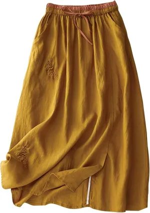Womens Linen Cotton Skirts Drawstring Elastic Waist Comfy Loose Boho Skirts with Pockets Lightweight Sumnmer Skirts