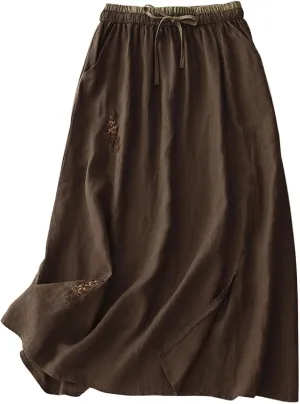 Womens Linen Cotton Skirts Drawstring Elastic Waist Comfy Loose Boho Skirts with Pockets Lightweight Sumnmer Skirts