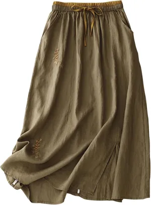 Womens Linen Cotton Skirts Drawstring Elastic Waist Comfy Loose Boho Skirts with Pockets Lightweight Sumnmer Skirts