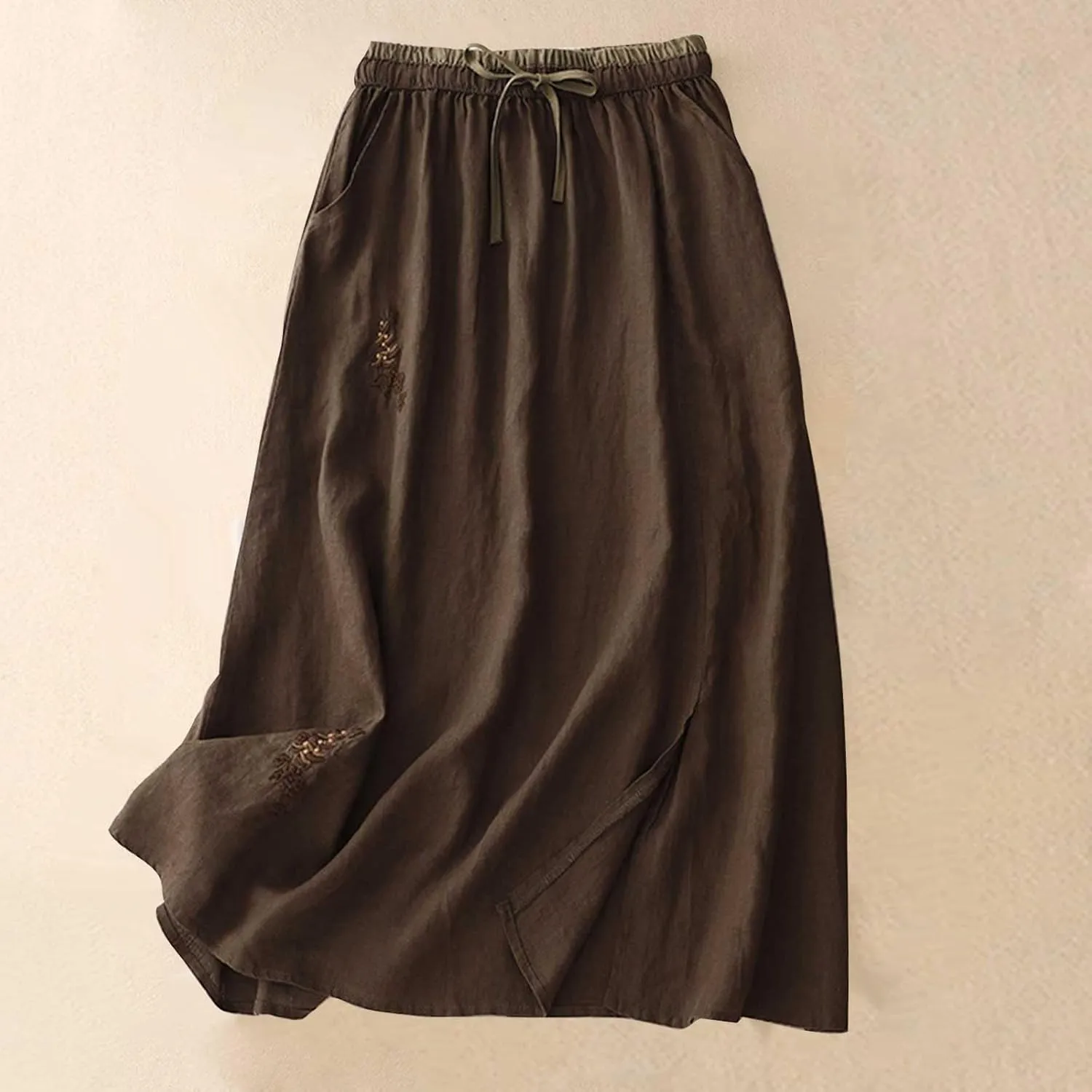 Womens Linen Cotton Skirts Drawstring Elastic Waist Comfy Loose Boho Skirts with Pockets Lightweight Sumnmer Skirts