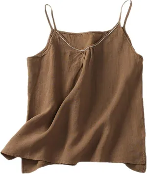 Womens Linen Tank Top Sleeveless Spaghetti Strap Casual Crewneck Crop Tops Solid Color Fashion Summer Flowy Camisole