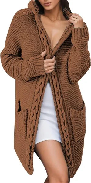 Women's Long Knitted Sweater Coat with Cable Knit Hooded Pocketed Cardigan Plus Size Womens Cardigan (02-Yellow, S)