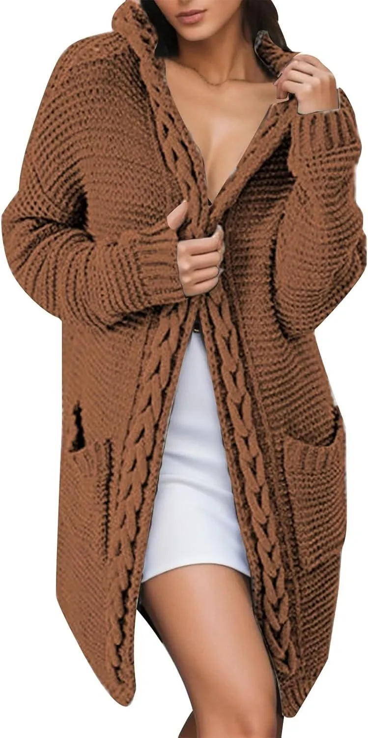 Women's Long Knitted Sweater Coat with Cable Knit Hooded Pocketed Cardigan Plus Size Womens Cardigan (02-Yellow, S)