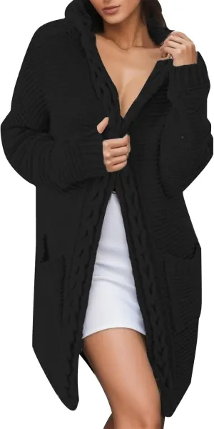 Women's Long Knitted Sweater Coat with Cable Knit Hooded Pocketed Cardigan Sippers for Toddlers (03-Black, S)