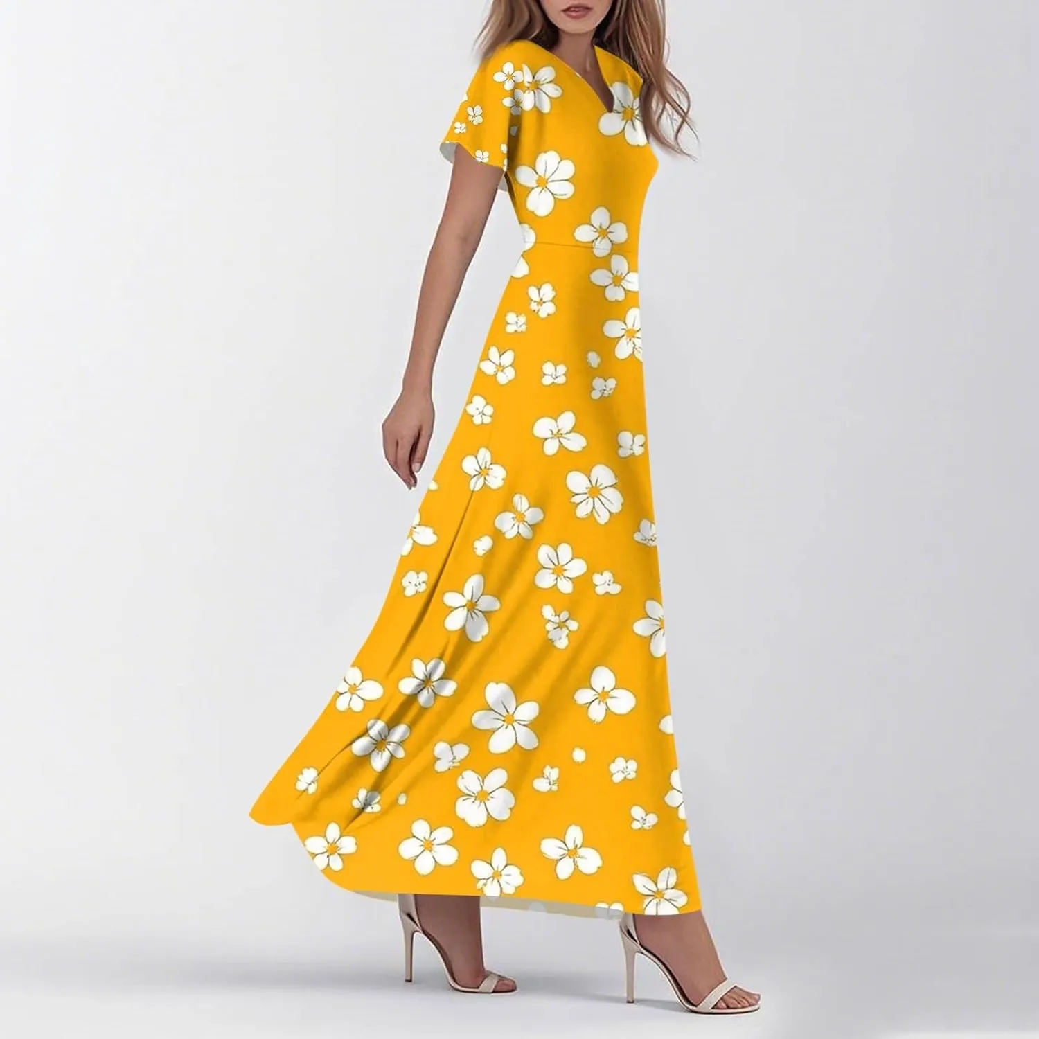Women's Long Maxi Dresses Short Sleeve V-Neck Boho Floral Printed Swing Dress Cocktail Party Dresses