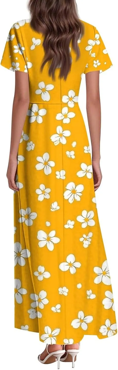 Women's Long Maxi Dresses Short Sleeve V-Neck Boho Floral Printed Swing Dress Cocktail Party Dresses
