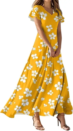 Women's Long Maxi Dresses Short Sleeve V-Neck Boho Floral Printed Swing Dress Cocktail Party Dresses