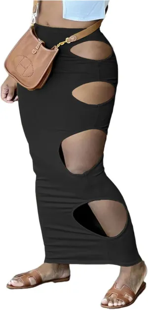 Womens Maxi Skirt Bodycon Unique Cutout Hole Stretch Dress Sexy High Waisted Pencil Skirt Nightout Clubwear