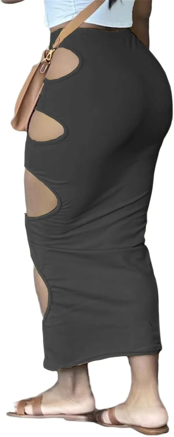 Womens Maxi Skirt Bodycon Unique Cutout Hole Stretch Dress Sexy High Waisted Pencil Skirt Nightout Clubwear