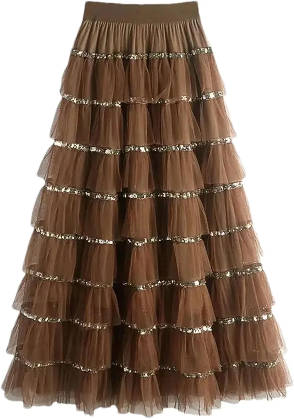 Women's Mesh Layered A-LINE Skirt Summer High Waisted Ruffles Long Skirt