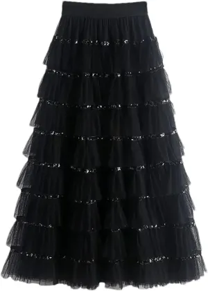 Women's Mesh Layered A-LINE Skirt Summer High Waisted Ruffles Long Skirt