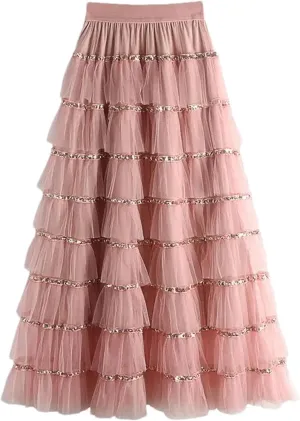 Women's Mesh Layered A-LINE Skirt Summer High Waisted Ruffles Long Skirt