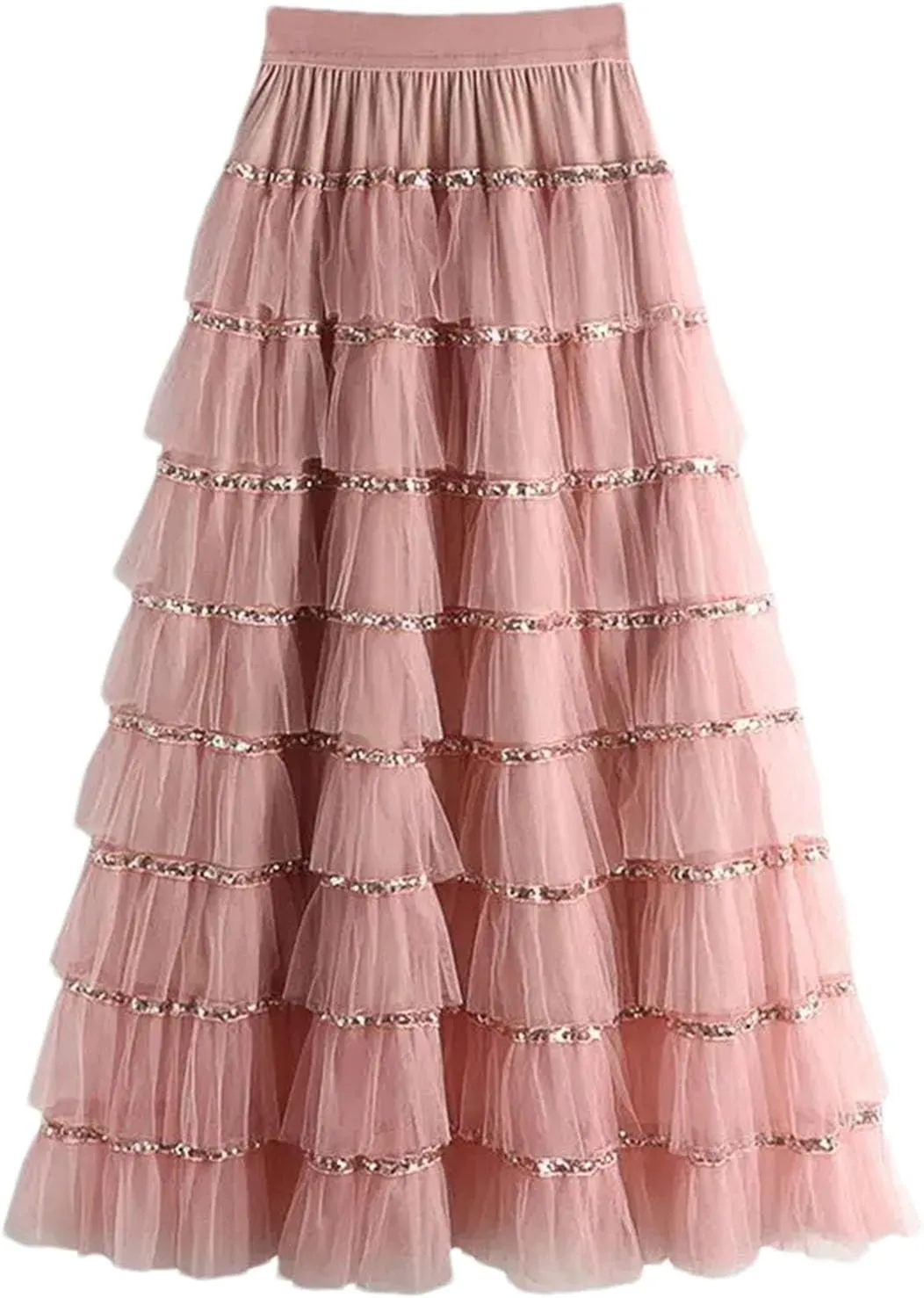 Women's Mesh Layered A-LINE Skirt Summer High Waisted Ruffles Long Skirt
