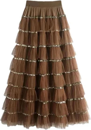 Women's Mesh Layered A-LINE Skirt Summer High Waisted Ruffles Long Skirt