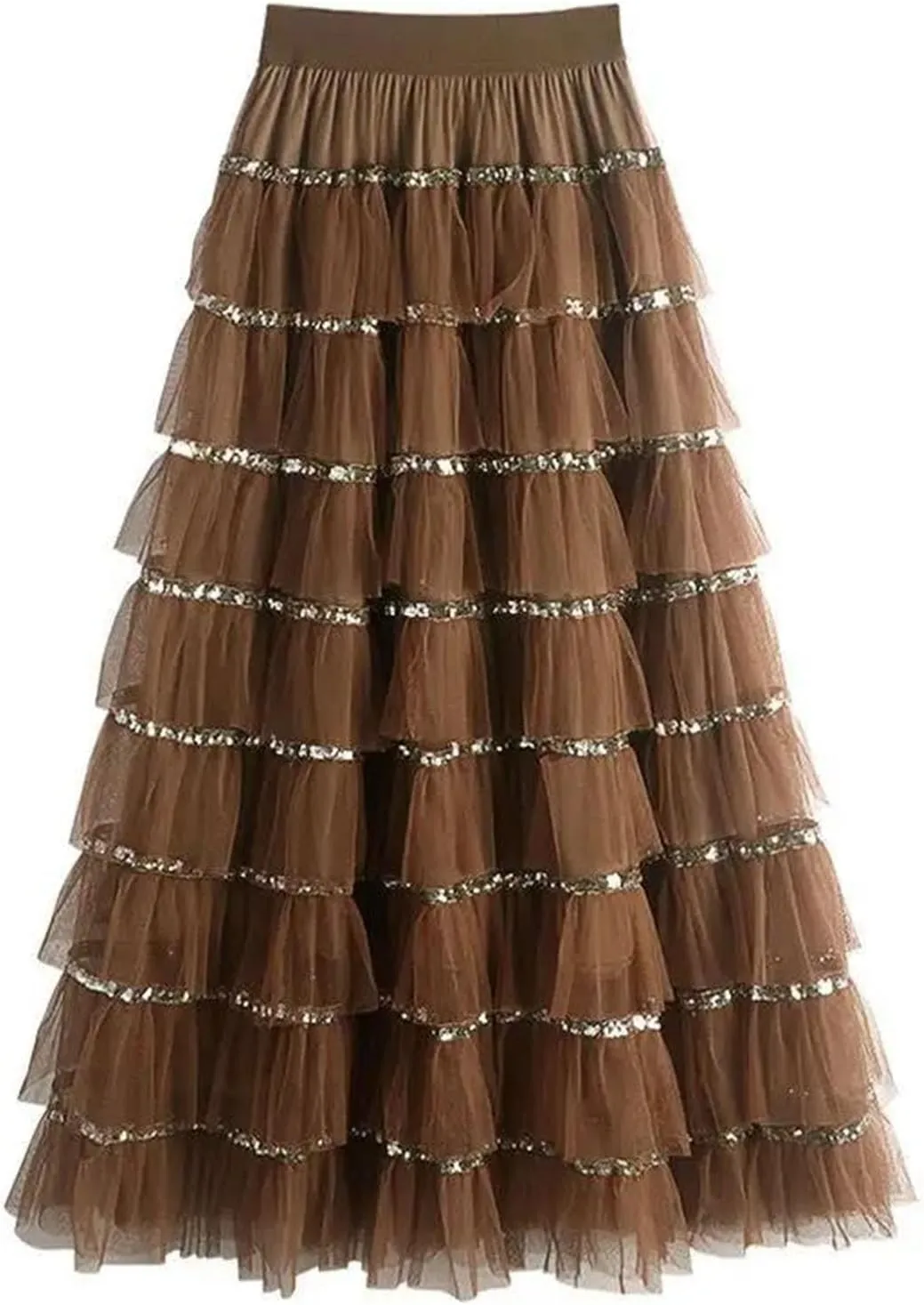 Women's Mesh Layered A-LINE Skirt Summer High Waisted Ruffles Long Skirt