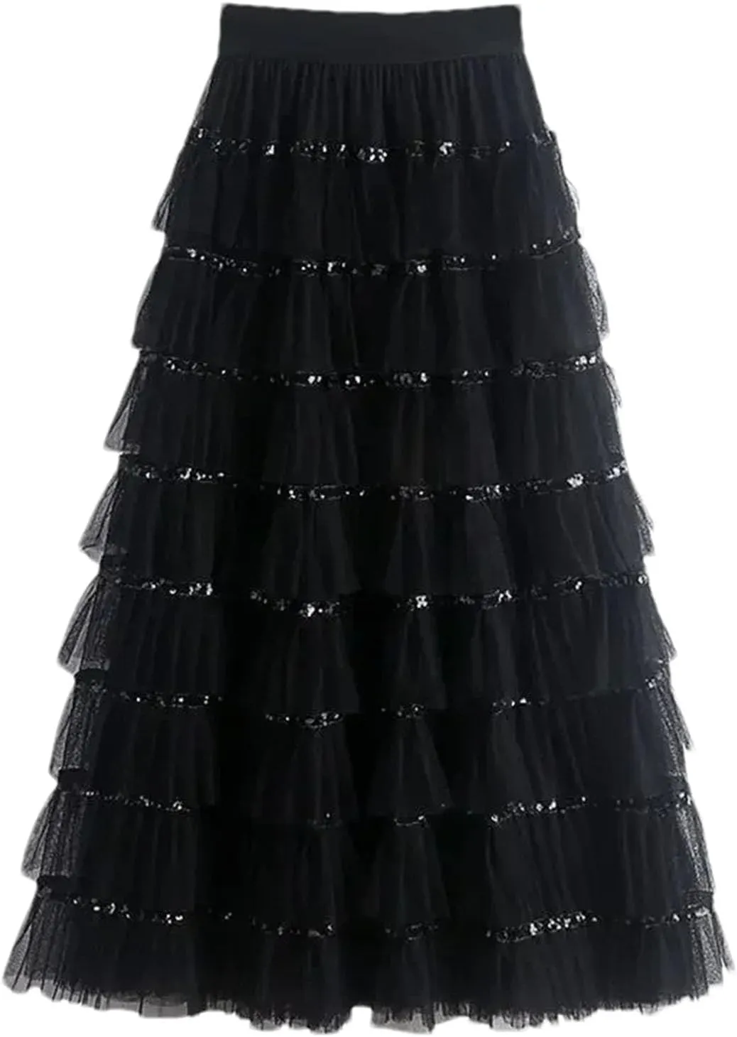 Women's Mesh Layered A-LINE Skirt Summer High Waisted Ruffles Long Skirt