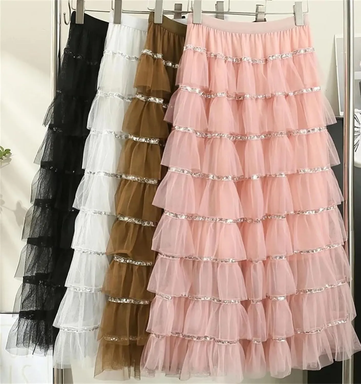 Women's Mesh Layered A-LINE Skirt Summer High Waisted Ruffles Long Skirt