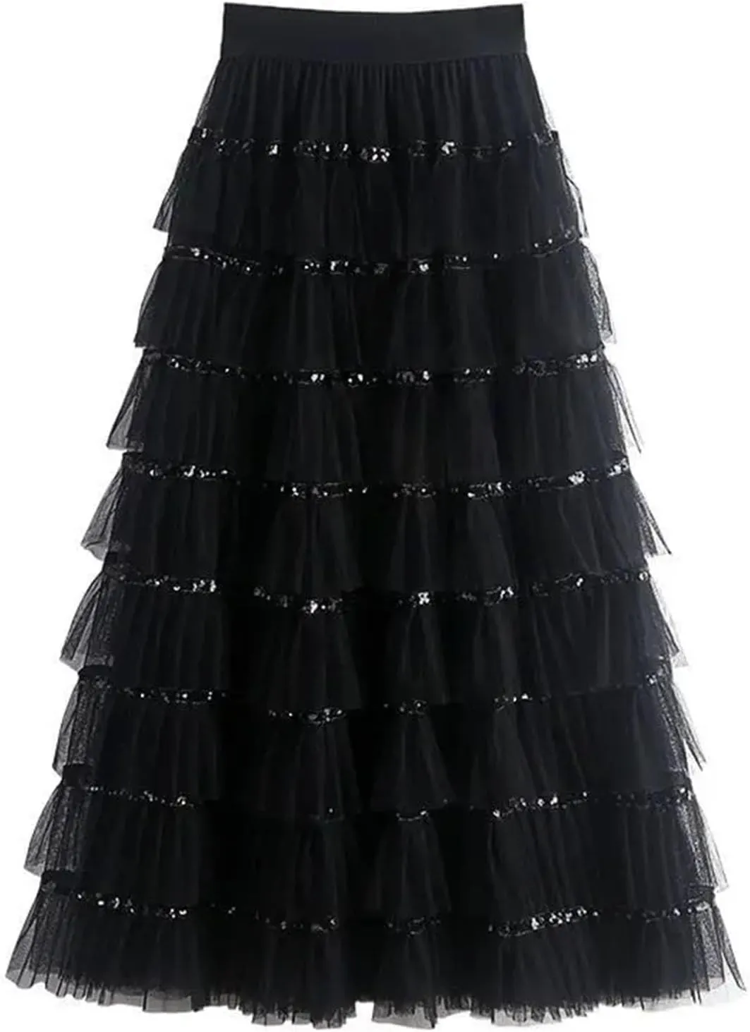 Women's Mesh Layered A-LINE Skirt Summer High Waisted Ruffles Long Skirt