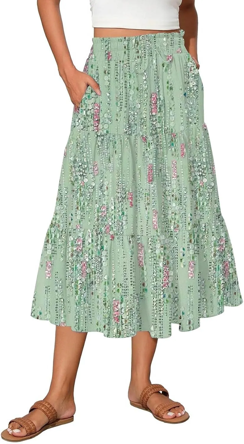 Womens Midi Skirt Elastic High Waist Pleated A-Line Flowy Skirts Boho Floral Printed Ruffle Tiered Beach Skorts